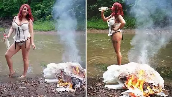 Omg! Woman Celebrates Divorcing From Her Husband By Setting Her Expensive Wedding Dress on Fire (Photo)